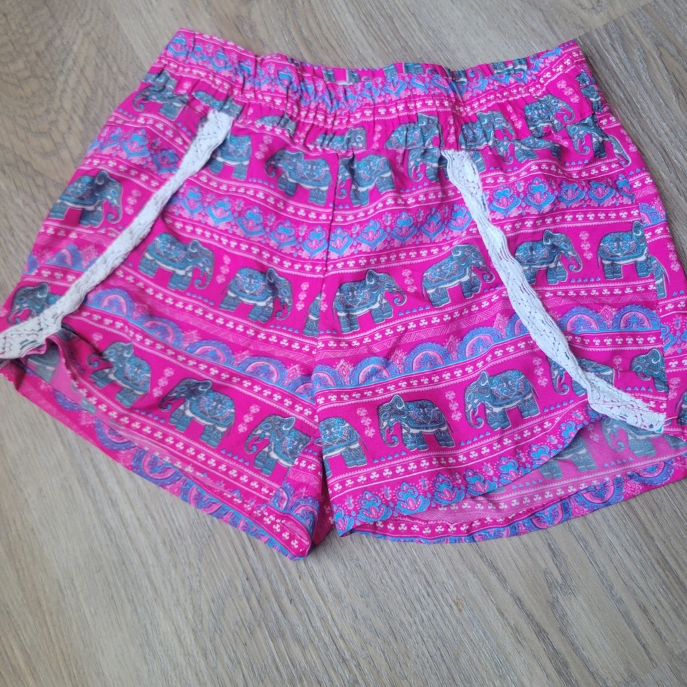 Real Love Shorts Girls 6X Pink Elephant Print Boho Lace Trim Summer Casual